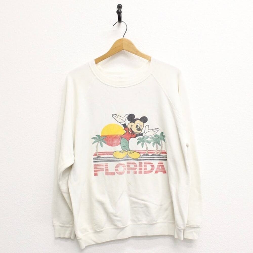 Vintage 80s Walt Disney Mickey Mouse Florida Sweatshirt Large Distressed White